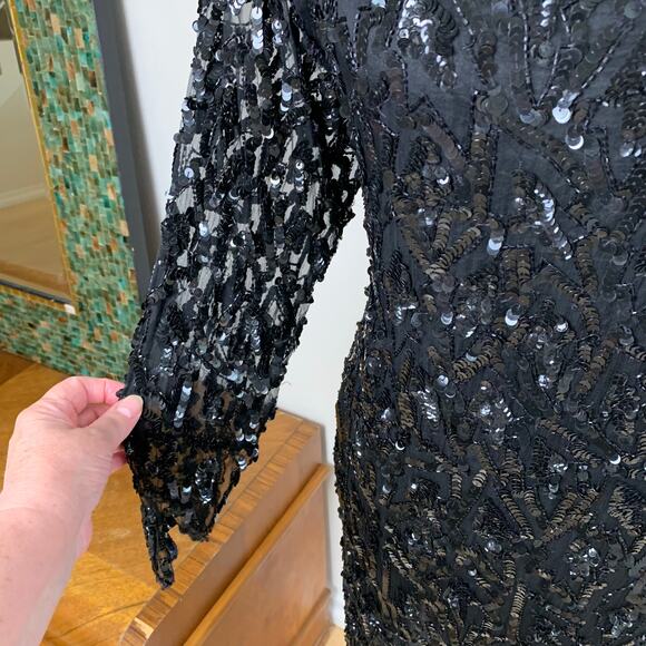 Vintage Sweet Love Black Silk Beaded Sequin Dress Sheer Sleeves L Whimsy Goth - Picture 4 of 12